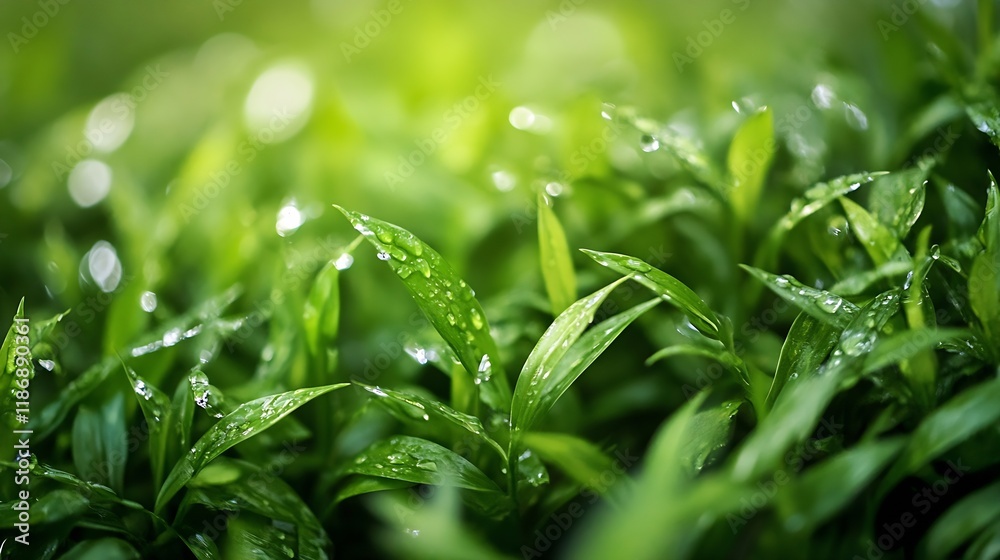 Poster close up of lush green foliage with dew drops on leaves in natural sunlight : generative ai
