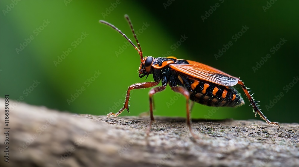 Poster Macro closeup of a vibrant orange and black beetle on a natural log background : Generative AI