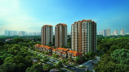 Fototapeta premium Creative concept of a mixed-use building, featuring apartments, retail spaces, and recreational areas, illustrating the rise of multifunctional structures in modern cityscapes