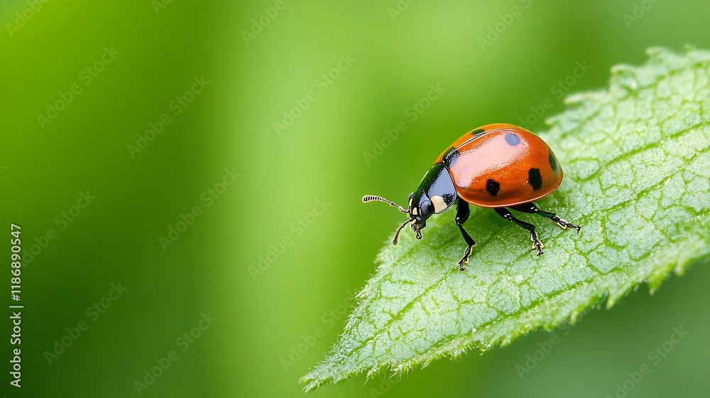 Poster vivid closeup of a ladybug on leaf with vibrant green background for nature and insect lovers : gene