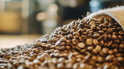 Obraz premium Closeup of Premium Coffee Beans Spilling From a Rustic Sack Bag in a Cozy Setting : Generative AI