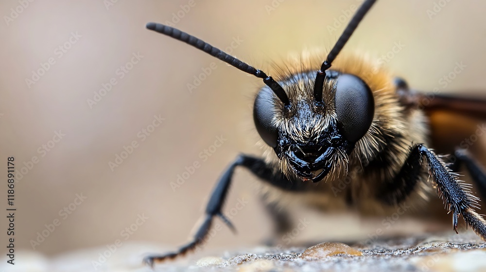 Poster Macro Closeup of a Wild Bee with Fuzzy Body and Large Eyes on a Natural Background : Generative AI