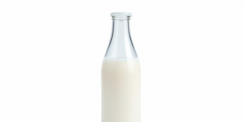 A glass bottle filled with white liquid, isolated on a white background. The bottle has a silver cap and is tall and narrow.