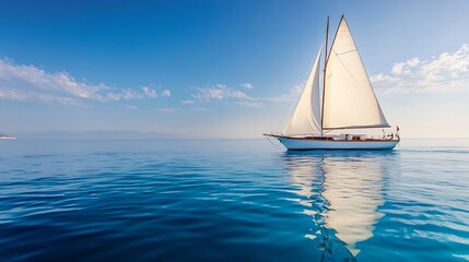 Fototapeta premium Majestic sailboat gliding on tranquil blue sea under clear sky : Generative AI