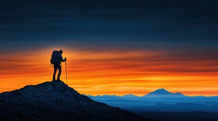 Fototapeta premium Double exposure of hiker at sunrise mountain landscape textures