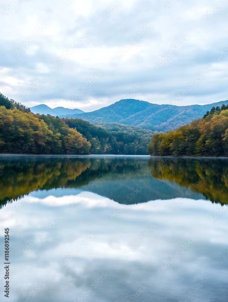 Aufkleber Serene Mountain Lake Scene with Autumn Forest Reflections Under Cloudy Sky : Generative AI