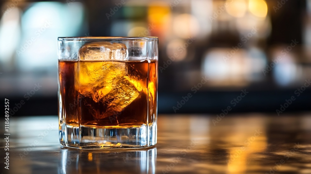 Poster classic whiskey on the rocks in a stylish glass with a warm ambient bar background : generative ai