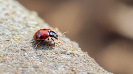 Macro Shot of Vibrant Red Ladybug Crawling on Rock Surface : Generative AI