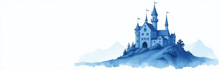 Obraz premium A Serene Watercolor Image Of A Blue Castle Isolated On White Provides A Peaceful And Imaginative Artistic Backdrop For Contemplation. 00003