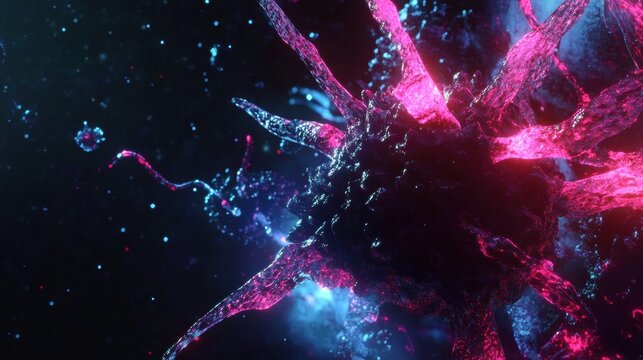 Detailed 3D visualization highlights intricate structure of a virus with glowing features and RNA strands. Generative AI