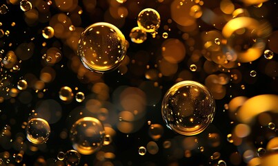 A rich black backdrop with golden bubbles creates an elegant, opulent feel
