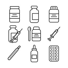 Set of medicine icons, pills, capsule, drug store, pharmacy. Vector illustration