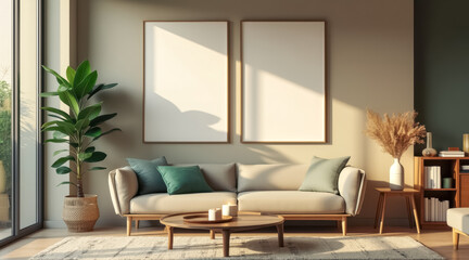 sunlit living room with beige sofa teal pillows