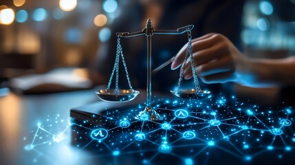 Hand holding scales of justice over digital network.