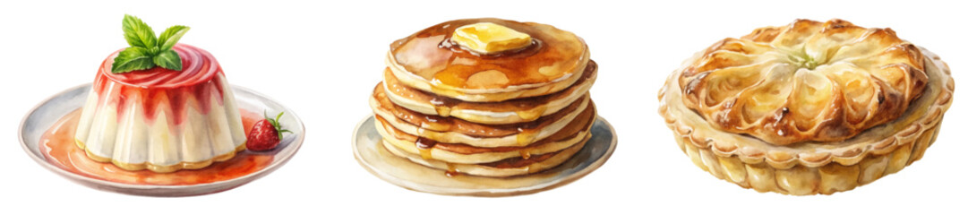 Delicious dessert trio, vibrant colors, creamy panna cotta, fluffy pancakes, golden pie crust, appetizing presentation.