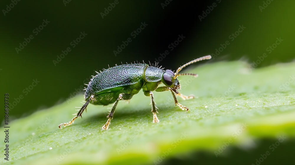 Poster Detailed Macro Shot of Green Leaf Beetle Crawling on Leaf Surface with Blur Background : Generative AI