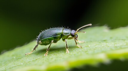 Detailed Macro Shot of Green Leaf Beetle Crawling on Leaf Surface with Blur Background : Generative AI