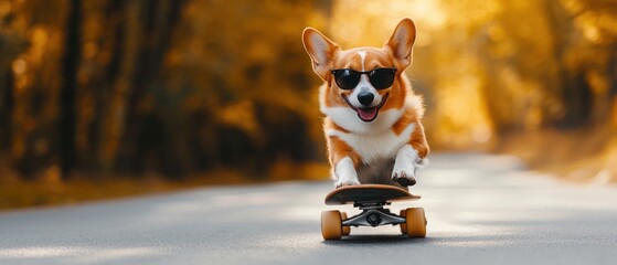 Cool Corgi on Skateboard: Autumn Adventure