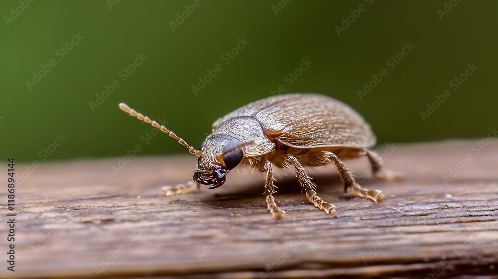 Poster closeup macro shot of beetle crawling on wooden surface : generative ai