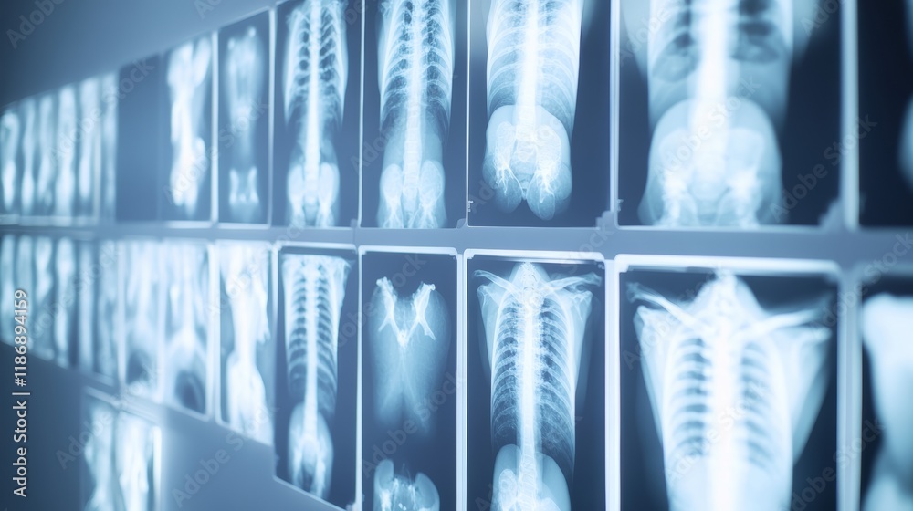 Poster many radiographs showing bones of different parts of human body are displayed on a light panel, crea