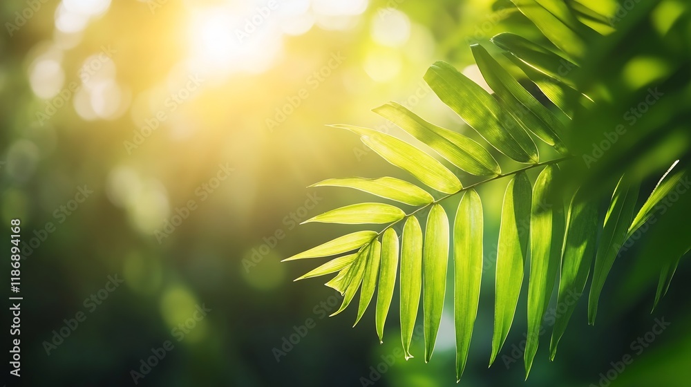 Aufkleber serene sunlit fern leaves in tropical forest with bokeh background : generative ai