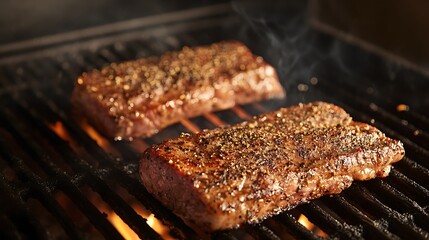 Raw red meat on grill pit with hot charcoal briquettes

