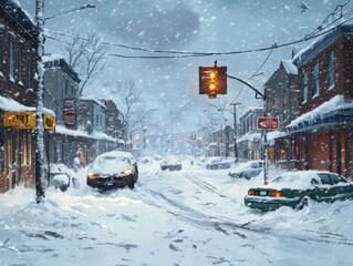 Winter storm envelops a quiet town street with snow-covered cars and muted traffic lights during a heavy snowfall at twilight