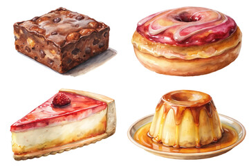 Delicious desserts, colorful pastries, sweet treats, watercolor illustration, gourmet sweets, tempting confections, artistic food design.