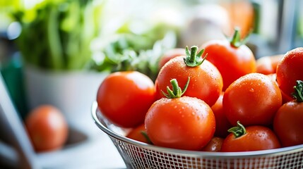 Fresh Juicy Red Tomatoes in Metal Bowl with Lush Green Vegetables Background : Generative AI