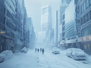 Winter blizzard blankets urban cityscape as pedestrians navigate snow-covered streets and vehicles struggle through harsh winter conditions