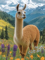 Fototapeta premium Cute llama standing amidst vibrant wildflowers in a picturesque mountain landscape during sunny weather with dramatic clouds