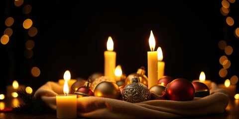 A festive arrangement of candles and ornaments nestled in a cozy blanket, radiating warmth and joy.