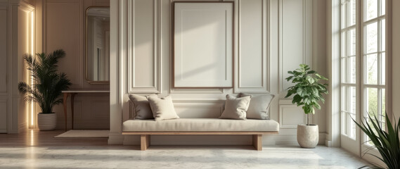 light beige bench with neutral cushions sits against a white paneled wall a sunlit room.