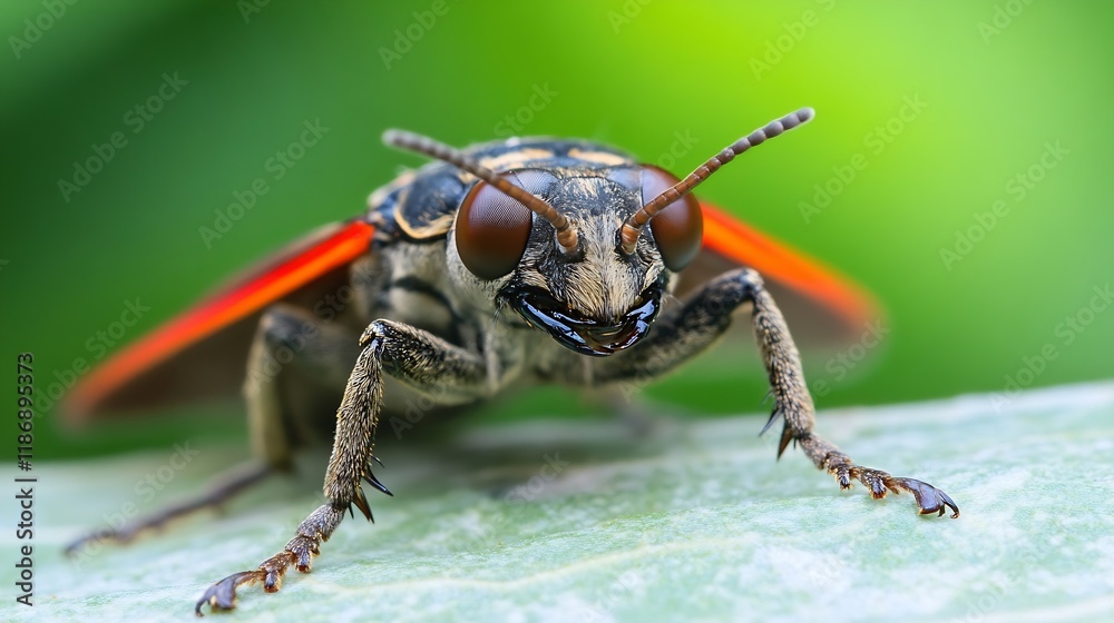 Poster closeup of an orange and black colorful insect on a leaf in nature : generative ai