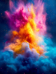 Fototapeta premium Image of colored gulal powder, mixing bright colors in the air. Holi festival. Background for text