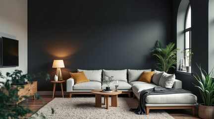 Fototapeta premium modern living room with gray sectional sofa mustard yellow pillows