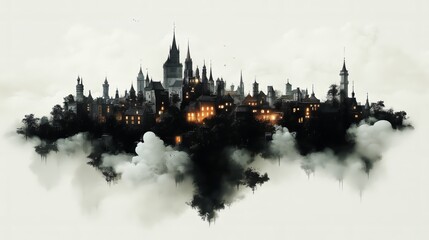 Fototapeta premium Floating medieval castle: enchanted skyline above the clouds
