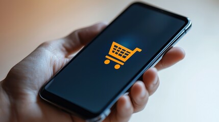 Hand holding smartphone displaying shopping cart icon, representing online shopping activity in modern digital lifestyle