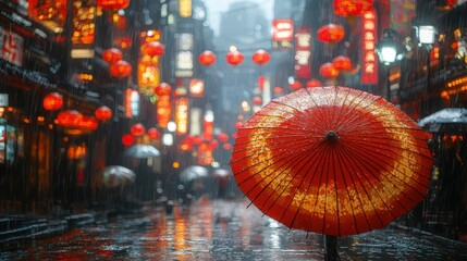 Rainy Night in Asian City: Red Umbrella Under Neon Lights