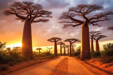 Fototapeta premium Sunset at the Avenue of the Baobabs: A Stunning Display of Madagascar's Natural Beauty