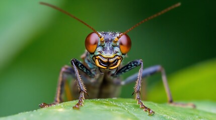 Closeup of Praying Mantis on Leaf Highlighting Insect Details in Natural Habitat : Generative AI