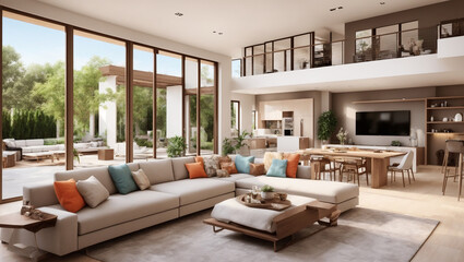 A spacious, modern living room with a large sectional sofa, floor to ceiling windows, and a view of the outdoor area. This architectural design image is used as an example of a possible upload on a st