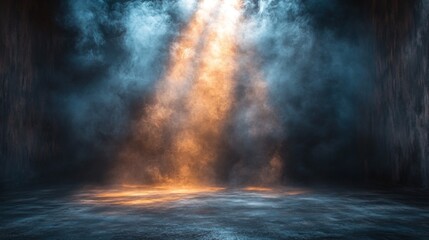 Obraz premium Orange and blue smoke rising from concrete floor in dark room