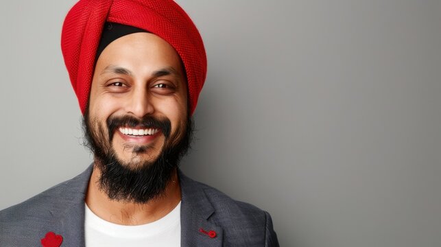Smiling man wearing a red turban and grey blazer poses confidently against a neutral background - Powered by Adobe