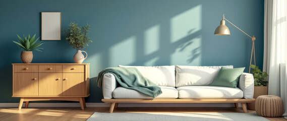 sunlit living room with white couch wooden cabinet