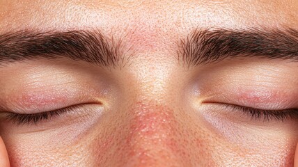 Obraz premium A close-up of a person's closed eyes, showcasing natural skin texture and eyebrow shape, conveying a sense of calm and tranquility.