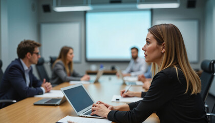 Encouraged intern learning Worried worker in office chair Professionals in conference room during formal meeting
