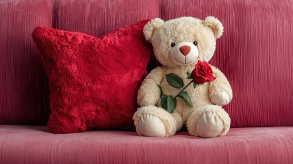 Valentine bear with romance and joy idea. Teddy bear with rose on a cozy red couch.