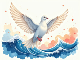 Obraz premium A Serene Dove Spreads Peaceful Wings Amidst Abstract Watercolor Waves On A Colorful Illustration Banner. 00001