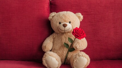Fototapeta premium Valentine bear with romance and joy idea. Teddy bear holding a red rose on a red couch.